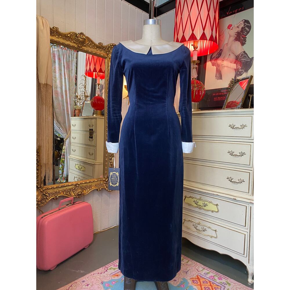 vintage 1980s blue velveteen gown reverse collar french cuffs 80s fashion velvet - Picture 1 of 10